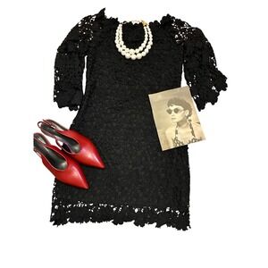 Auxo Collection Black Floral Lace Off Shoulder Mini Dress 3/4 Sleeve LBD Small